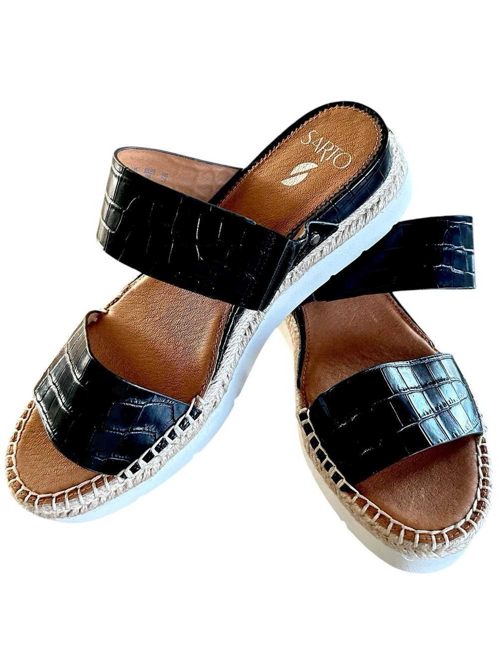 Franco Sarto Cappy Wedge Black Leather Strapped Espadrille Platform Sandals Sz 9